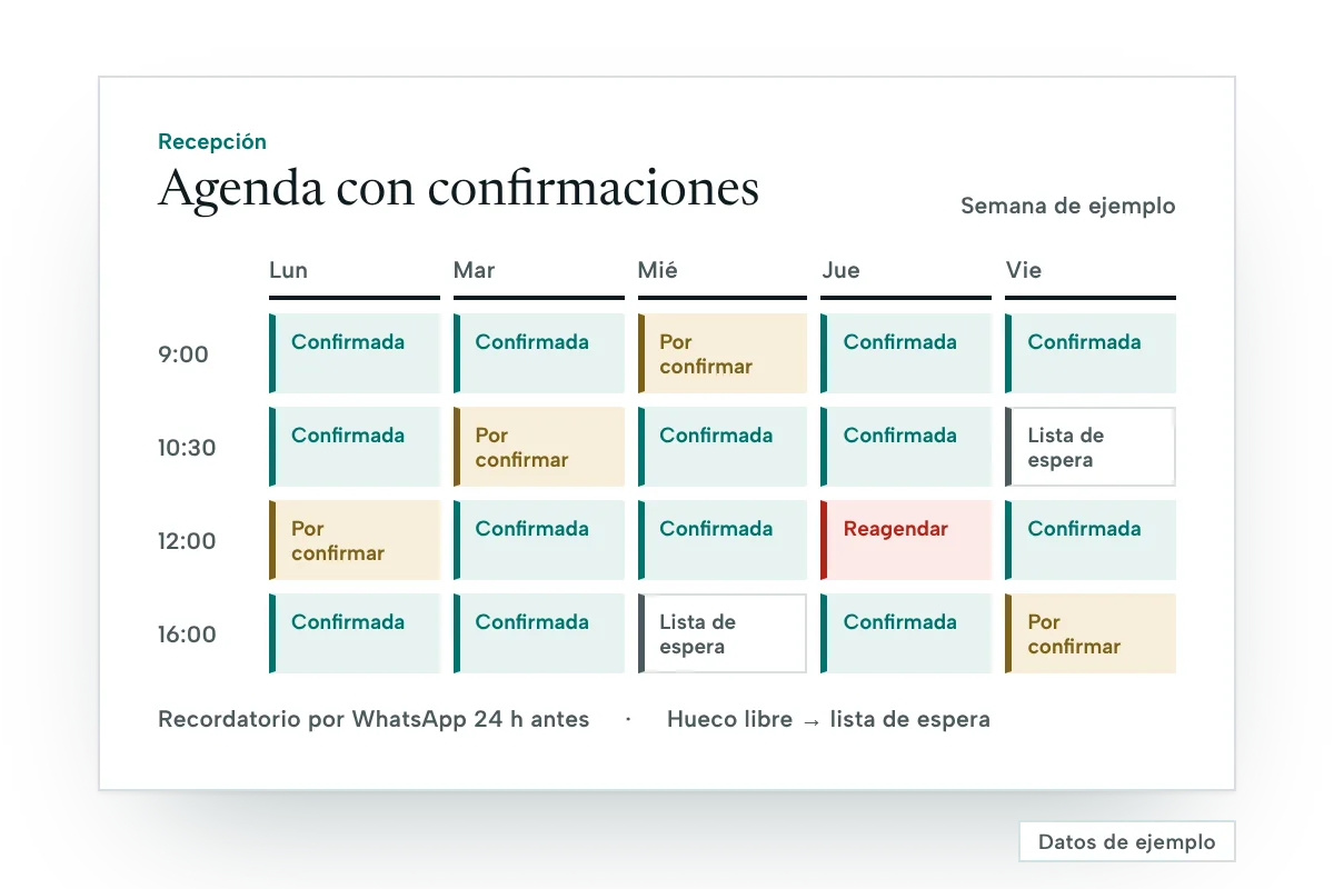 Ejemplo de agenda con confirmaciones con datos ilustrativos